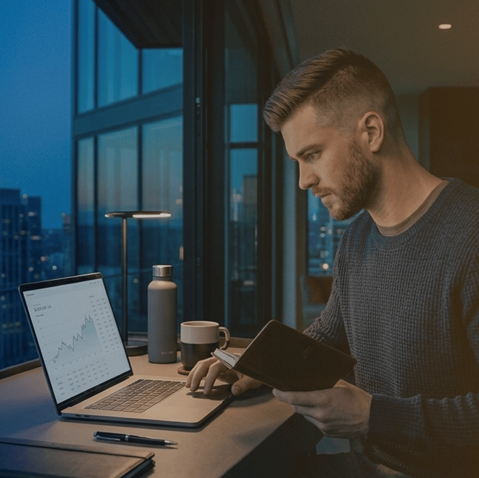 homme travaillant sur son ordinateur avec un bloc note dans la main
